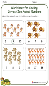 Worksheet for Circling Correct Zoo Animal Numbers