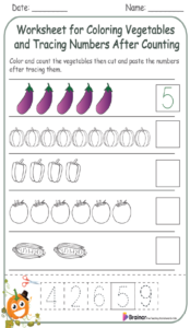 Worksheet for Coloring Vegetables and Tracing Numbers After Counting