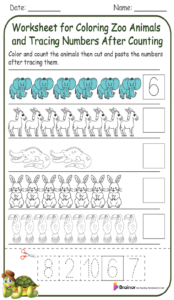 Worksheet for Coloring Zoo Animals and Tracing Numbers After Counting
