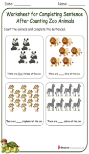 Worksheet for Completing Sentence After Counting Zoo Animals