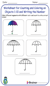 Worksheet for Counting and Coloring Objects 1-10 and Writing the Number 