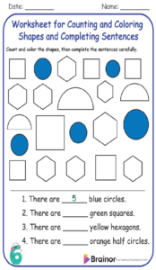 Worksheet for Counting and Coloring Shapes and Completing Sentences