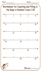 Worksheet for Counting and Filling in the Gaps in Number Lines 1-30