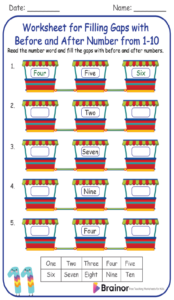 Worksheet for Filling Gaps with Before and After Number from 1-10 