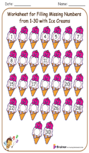 Worksheet for Filling Missing Numbers from 1-30 with Ice Creams