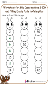 Worksheet for Skip Counting from 1-100 and Filling Empty Parts in Caterpillar