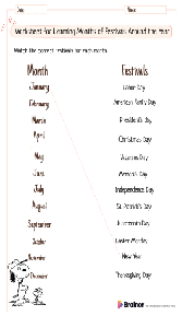 Worksheet for Learning Months of Festivals Around the Year