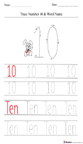 Tracing Number 10 and Word Name Worksheet