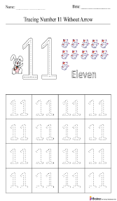 Tracing Number 11 without Arrow Worksheet