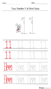 Tracing Number 11 and Word Name Worksheet