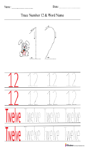 Tracing Number 12 and Word Name Worksheet
