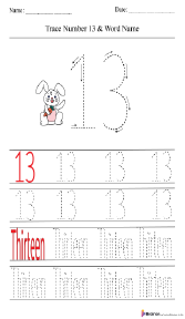 Tracing Number 13 and Word Name Worksheet