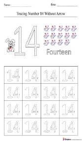 Tracing Number 14 without Arrow Worksheet
