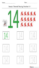 Insect-Themed Tracing Number 14 Worksheet