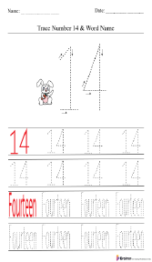 Tracing Number 14 and Word Name Worksheet