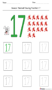 Insect-Themed Tracing Number 17 Worksheet