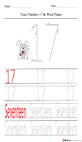 Tracing Number 17 and Word Name Worksheet