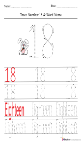 Tracing Number 18 and Word Name Worksheet