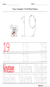 Tracing Number 19 and Word Name Worksheet