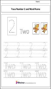 Tracing Number 2 and Word Name Worksheet