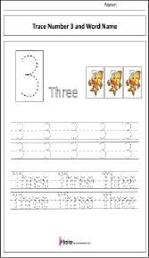 Tracing Number 3 and Word Name Worksheet