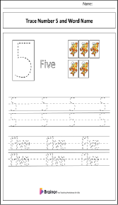 Tracing Number 5 and Word Name Worksheet
