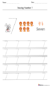 Tracing Number 7 by Counting Objects and Hand Signs Worksheet