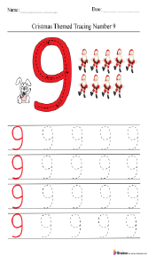 Christmas-Themed Tracing Number 9 Worksheet