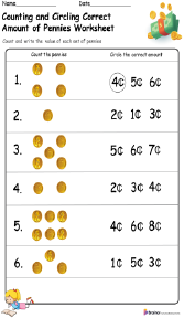 Counting and Circling Correct Amount of Pennies Worksheet