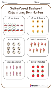 Circling Correct Number of Objects Using Given Numbers from 1 to 10 Worksheet 