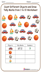 Count Different Objects and Draw Tally Marks from 1 to 10 Worksheet