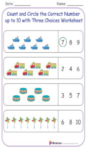 Count and Circle the Correct Number up to 10 with Three Choices Worksheet