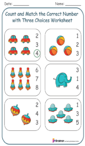 Count and Match the Correct Number with Three Choices Worksheet