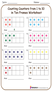 Counting Counters from 1 to 10 in Ten Frames Worksheet