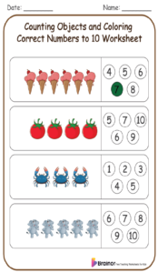 Counting Objects and Coloring Correct Numbers to 10 Worksheet 
