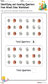Identifying and Counting Quarters from Mixed Coins Worksheet