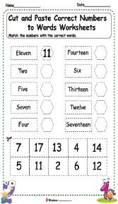Cut and Paste Correct Numbers to Words Worksheets