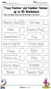 Trace Number and Number Names up to 50 Worksheet