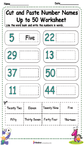 Cut and Paste Number Names Up to 50 Worksheet