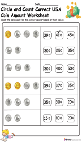 Circle and Count Correct USA Coin Amount Worksheet
