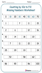 Counting by 10s to Fill Missing Numbers Worksheet
