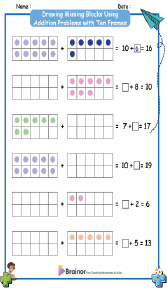 Drawing Missing Blocks Using Addition Problems with Ten Frames Worksheets