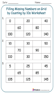 Filling Missing Numbers on Grid by Counting by 10s Worksheet