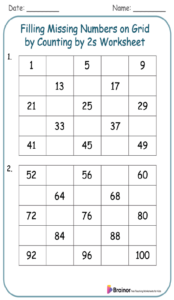 Filling Missing Numbers on Grid by Counting by 2s Worksheet