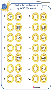 Finding Before Numbers up to 50 Worksheet