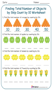 Finding Total Number of Objects by Skip Count by 10s Worksheet