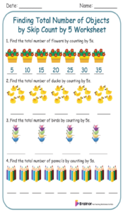 Finding Total Number of Objects by Skip Count by 5s Worksheet