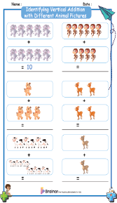 Identifying Vertical Addition with Different Animal Pictures Worksheets 