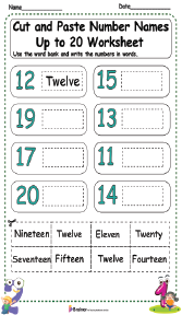 Cut and Paste Number Names Up to 20 Worksheet