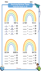 Practicing Rainbow Theme Addition Facts to 10 Worksheets